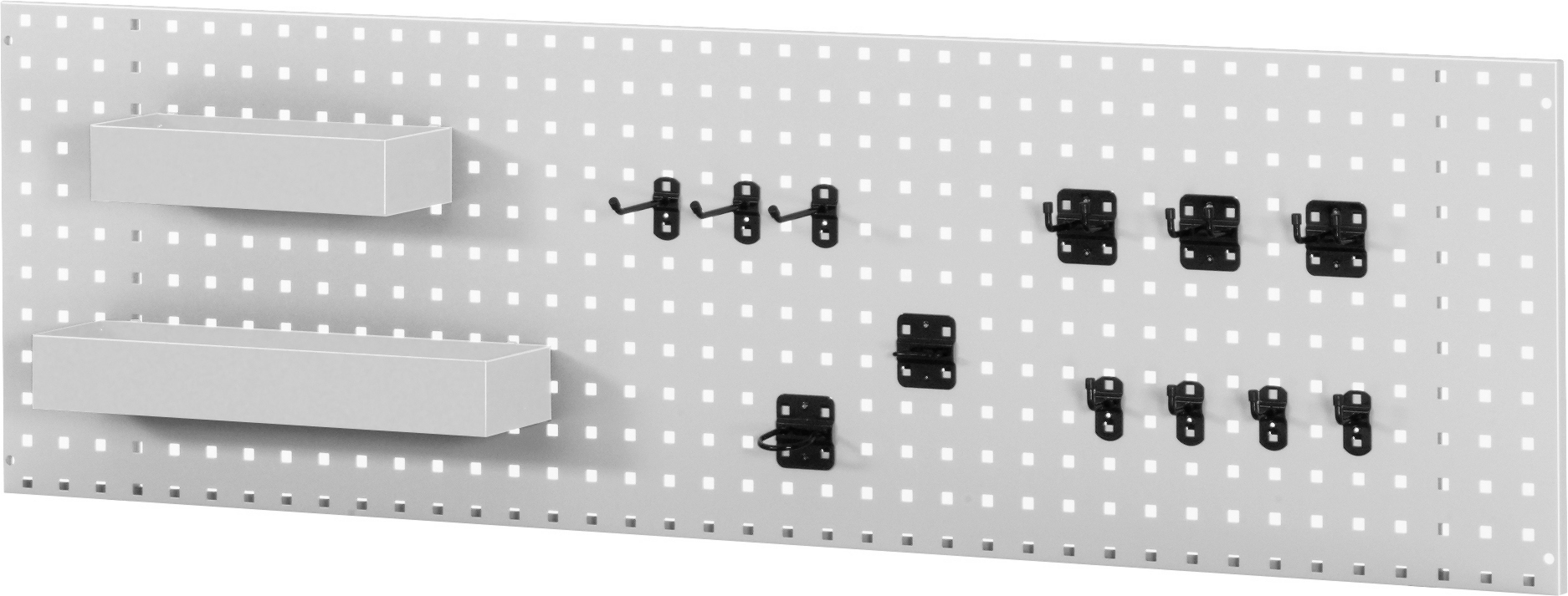 Lochplatte für Wandmontage inkl. Hakenset und Ablagekasten Lochplatte für Wandmontage inkl. Hakenset und Ablagekasten