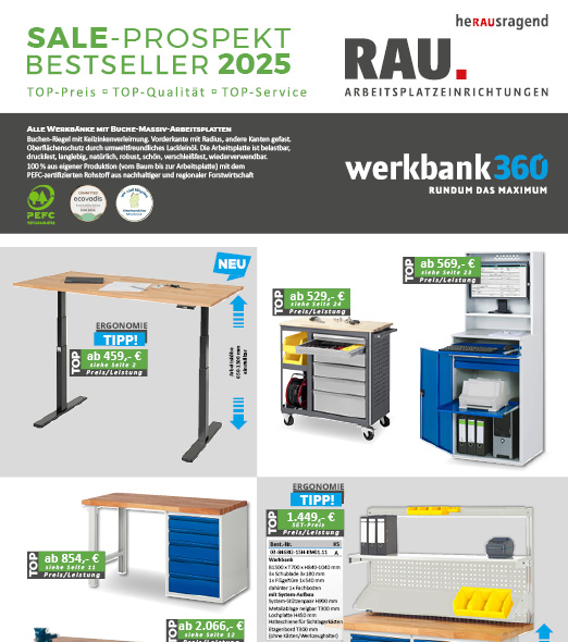Titelseite des Sale-Prospekts 2024 von werkbank360 mit verschiedenen Arbeitsplatzeinrichtungen und Angeboten.