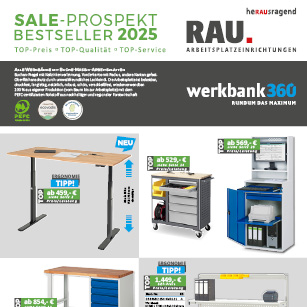 Sale % Titelseite des Sale-Prospekts 2024 von werkbank360 mit verschiedenen Arbeitsplatzeinrichtungen und Angeboten.
