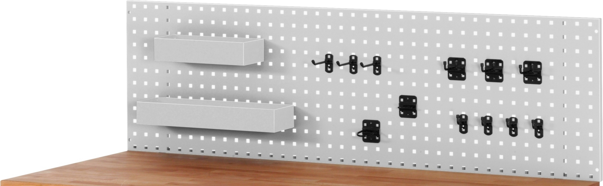 Lochplatte für Werkbankmontage inkl. Hakenset und Ablagekasten Lochplatte für Werkbankmontage inkl. Hakenset und Ablagekasten